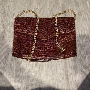 Rebecca Minkoff Brown Croc-Embossed Crossbody Bag with Gold Chain